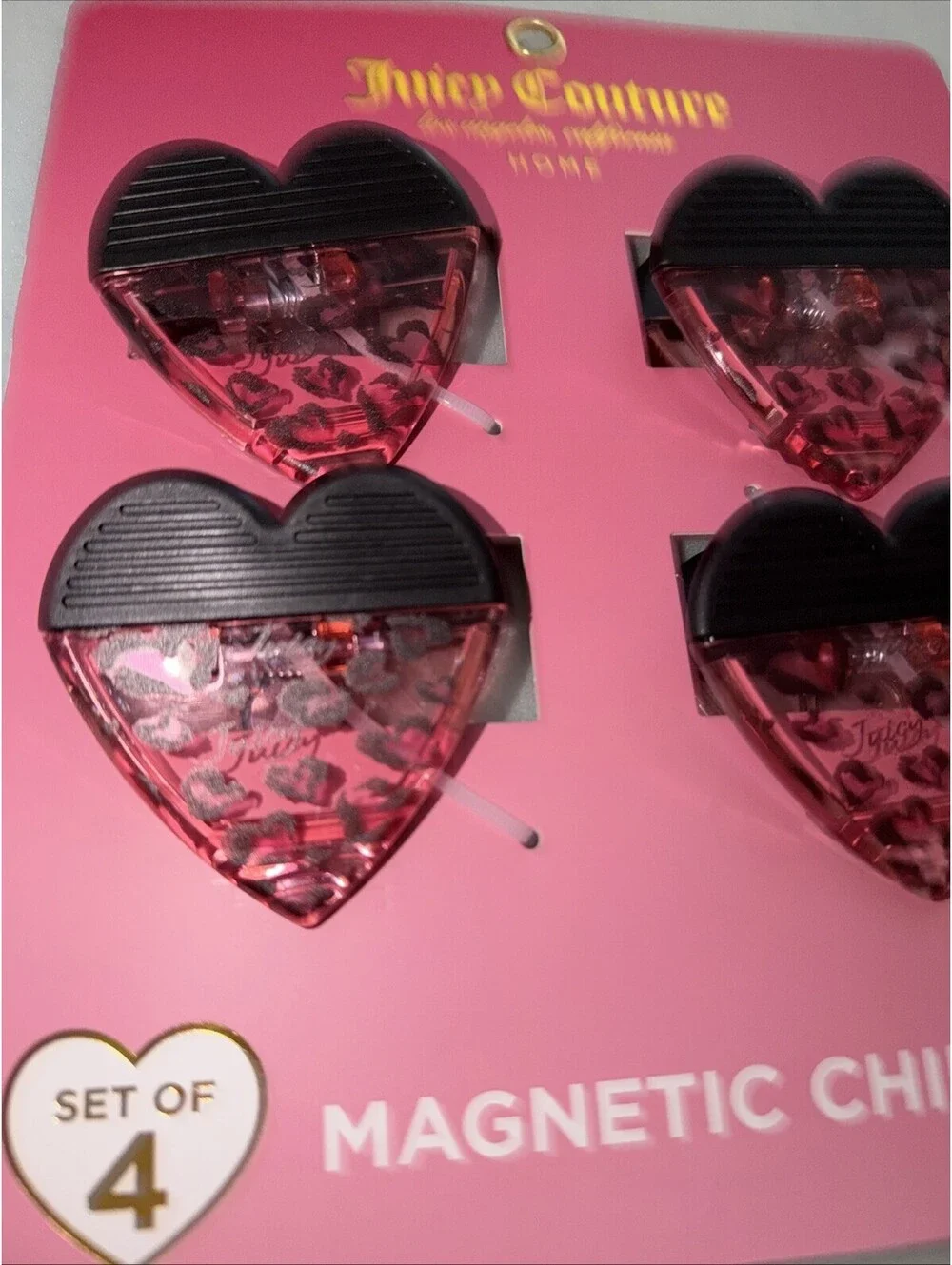 JUICY COUTURE SET 4 HEART 💜 SHAPED Magnetic CHIP CLIPS LEOPARD PRINT NIP
